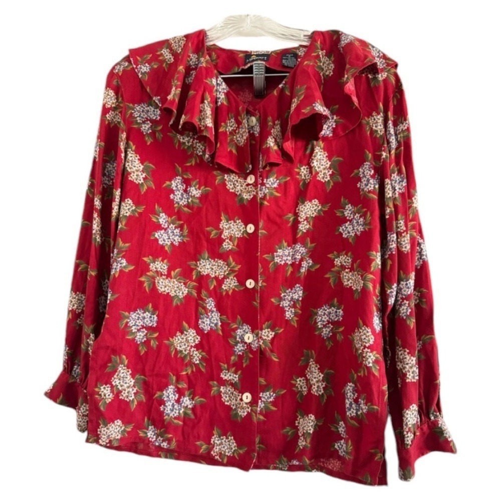 LIZ SPORT Vintage Women's Rayon Button Down Burnt Red Floral Shirt-PetiteSM/MED